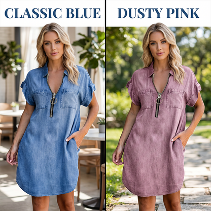 Vestido casual feminino de jeans, com lapela larga, manga curta, zíper e bolsos