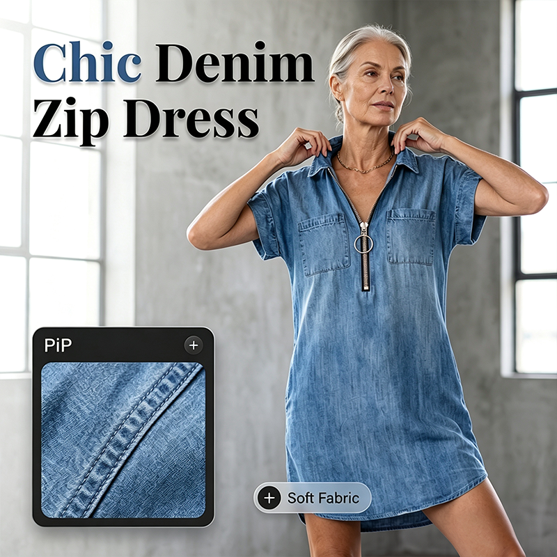 Vestido casual feminino de jeans, com lapela larga, manga curta, zíper e bolsos