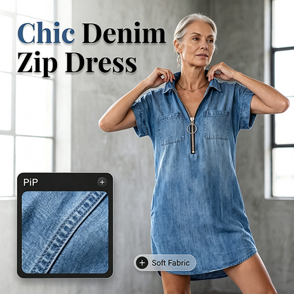 Vestido casual feminino de jeans, com lapela larga, manga curta, zíper e bolsos