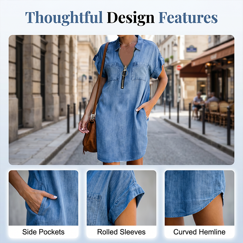 Vestido casual feminino de jeans, com lapela larga, manga curta, zíper e bolsos