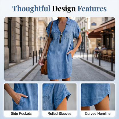 Vestido casual feminino de jeans, com lapela larga, manga curta, zíper e bolsos