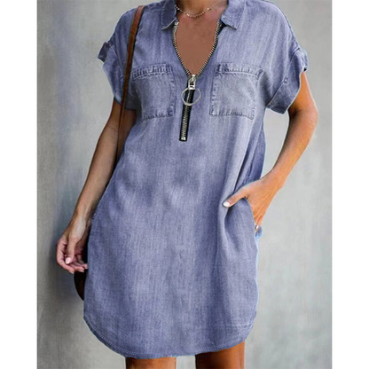 Vestido casual feminino de jeans, com lapela larga, manga curta, zíper e bolsos