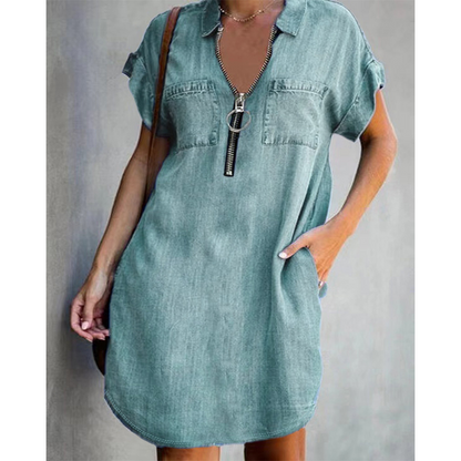 Vestido casual feminino de jeans, com lapela larga, manga curta, zíper e bolsos