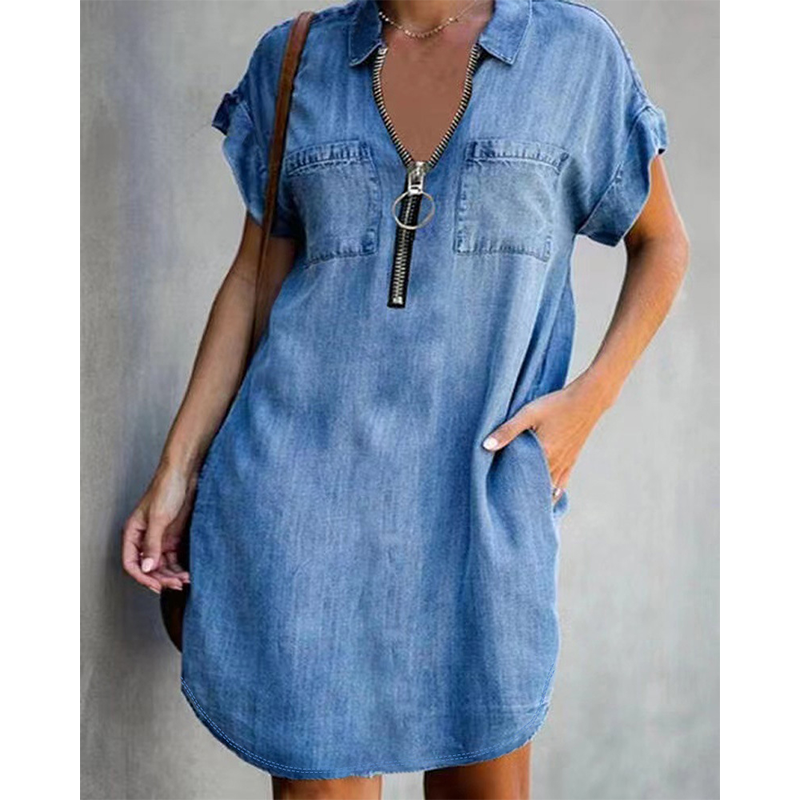 Vestido casual feminino de jeans, com lapela larga, manga curta, zíper e bolsos