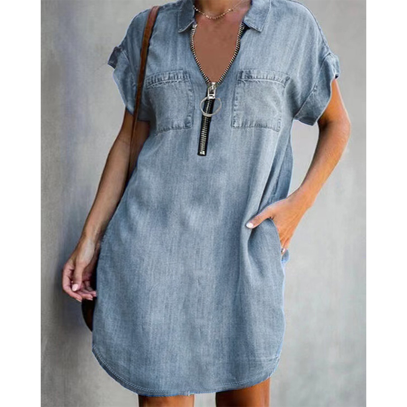 Vestido casual feminino de jeans, com lapela larga, manga curta, zíper e bolsos