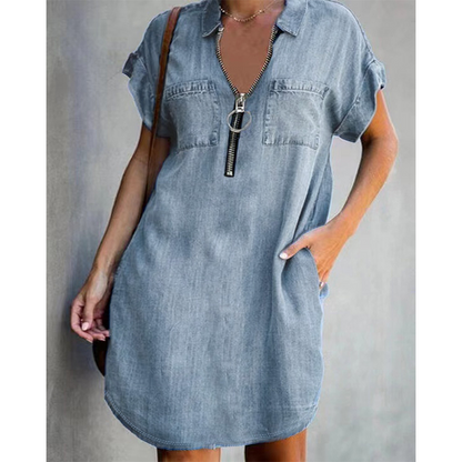 Vestido casual feminino de jeans, com lapela larga, manga curta, zíper e bolsos
