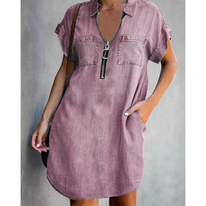 Vestido casual feminino de jeans, com lapela larga, manga curta, zíper e bolsos