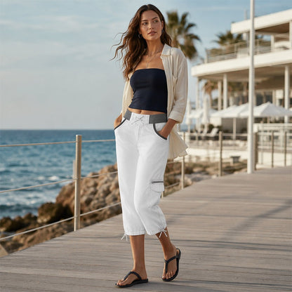 Calça capri cargo feminina de cintura alta