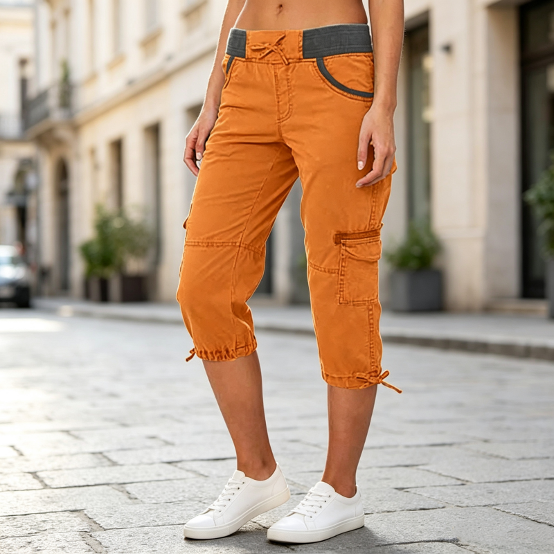 Calça capri cargo feminina de cintura alta