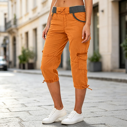 Calça capri cargo feminina de cintura alta