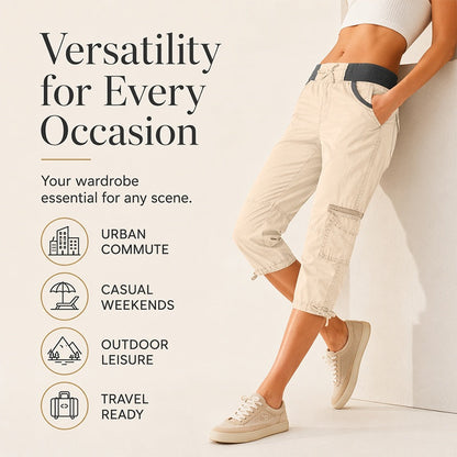 Calça capri cargo feminina de cintura alta