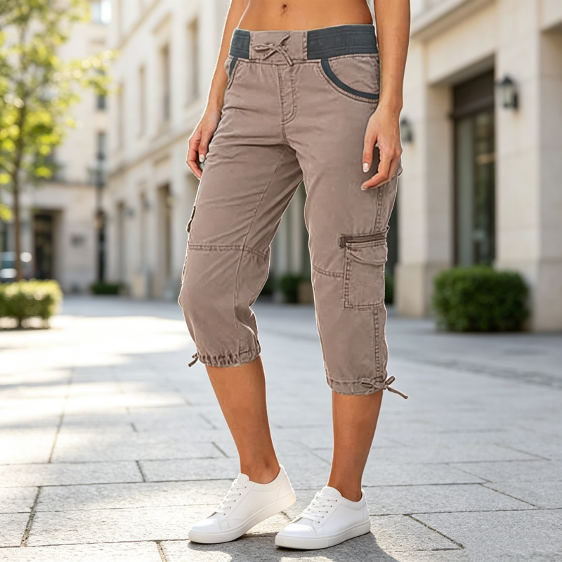 Calça capri cargo feminina de cintura alta