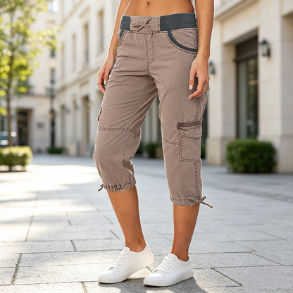 Calça capri cargo feminina de cintura alta