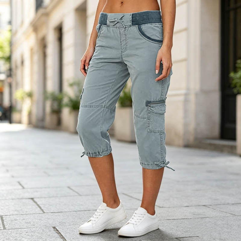 Calça capri cargo feminina de cintura alta