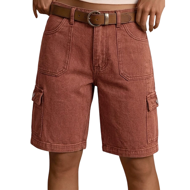 Shorts cargo femininos de jeans com corte folgado