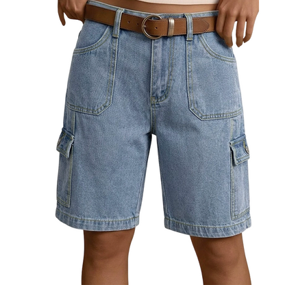 Shorts cargo femininos de jeans com corte folgado