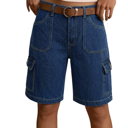Shorts cargo femininos de jeans com corte folgado