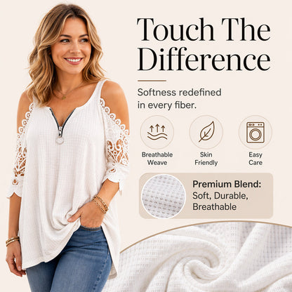 Imperdível🔥 Blusa de renda com ombros à mostra e zíper – Detalhes ousados e tecido respirável para um estilo descontraído ✨