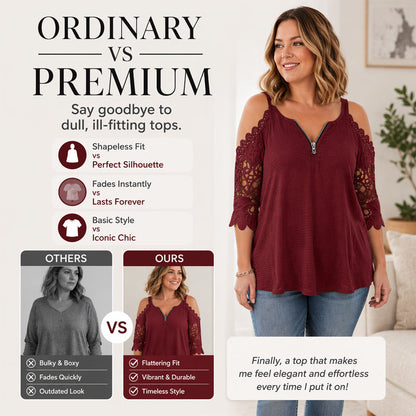 Imperdível🔥 Blusa de renda com ombros à mostra e zíper – Detalhes ousados e tecido respirável para um estilo descontraído ✨