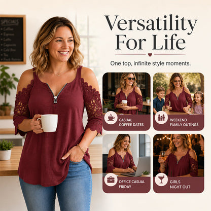Imperdível🔥 Blusa de renda com ombros à mostra e zíper – Detalhes ousados e tecido respirável para um estilo descontraído ✨