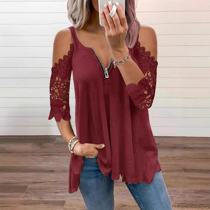 Imperdível🔥 Blusa de renda com ombros à mostra e zíper – Detalhes ousados e tecido respirável para um estilo descontraído ✨