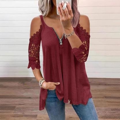 Imperdível🔥 Blusa de renda com ombros à mostra e zíper – Detalhes ousados e tecido respirável para um estilo descontraído ✨