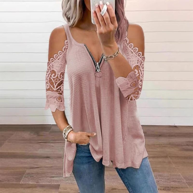 Imperdível🔥 Blusa de renda com ombros à mostra e zíper – Detalhes ousados e tecido respirável para um estilo descontraído ✨