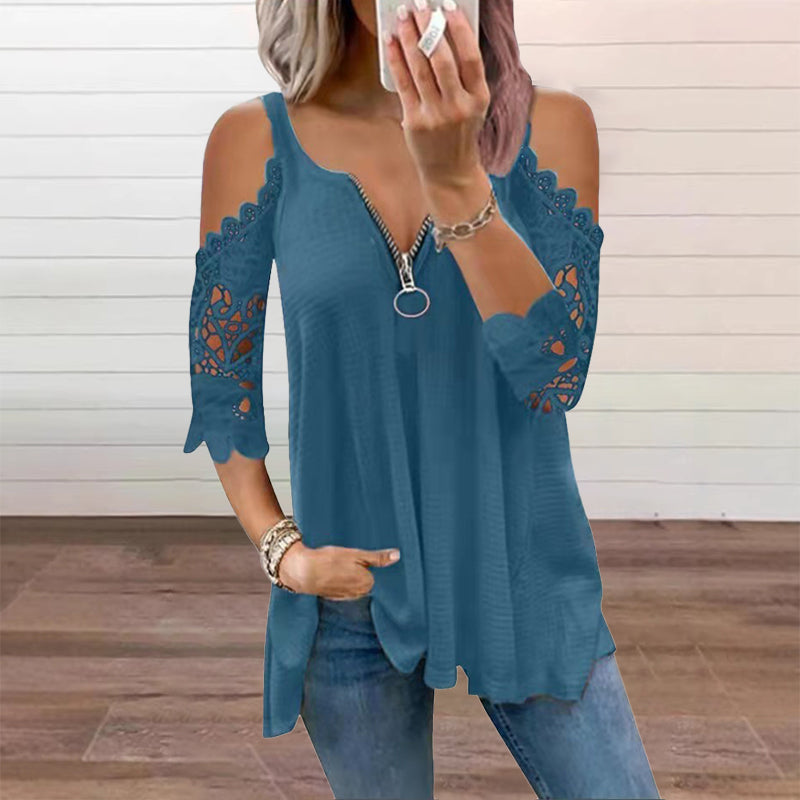 Imperdível🔥 Blusa de renda com ombros à mostra e zíper – Detalhes ousados e tecido respirável para um estilo descontraído ✨