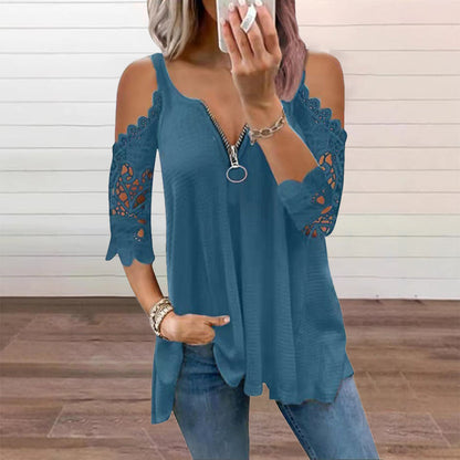 Imperdível🔥 Blusa de renda com ombros à mostra e zíper – Detalhes ousados e tecido respirável para um estilo descontraído ✨