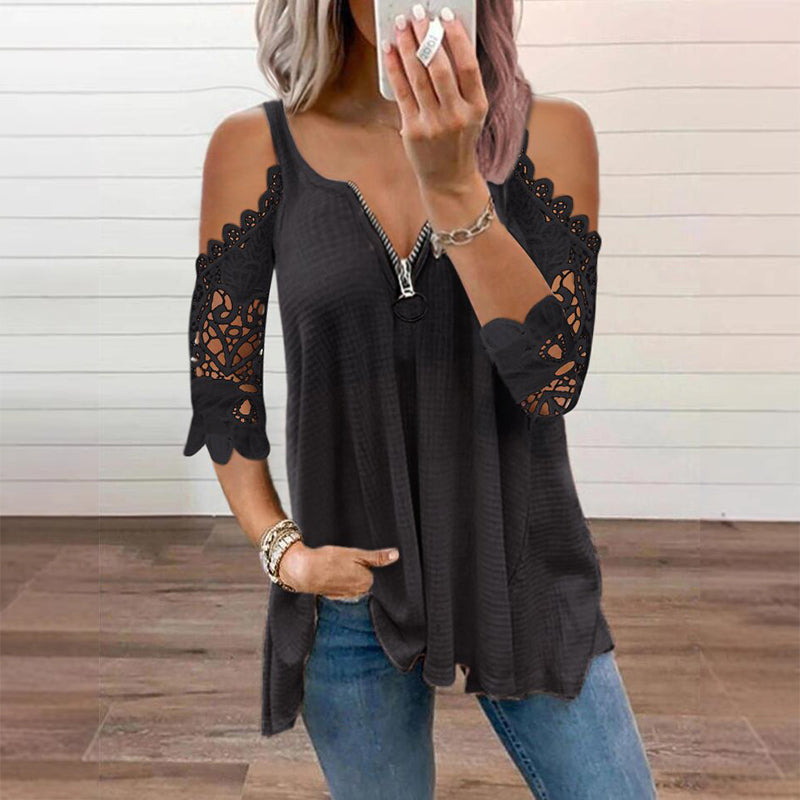 Imperdível🔥 Blusa de renda com ombros à mostra e zíper – Detalhes ousados e tecido respirável para um estilo descontraído ✨