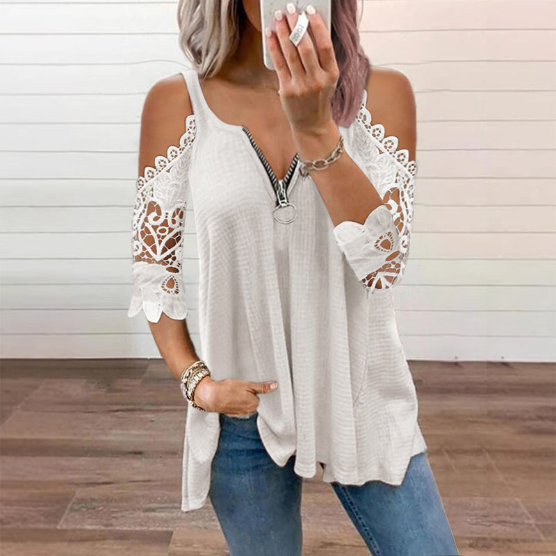 Imperdível🔥 Blusa de renda com ombros à mostra e zíper – Detalhes ousados e tecido respirável para um estilo descontraído ✨