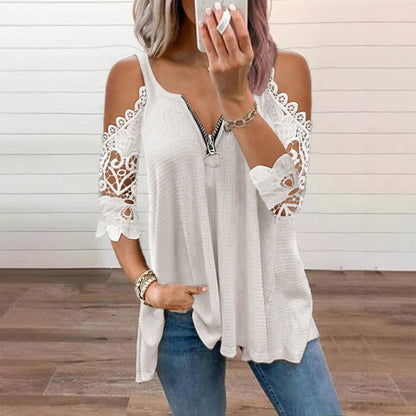 Imperdível🔥 Blusa de renda com ombros à mostra e zíper – Detalhes ousados e tecido respirável para um estilo descontraído ✨