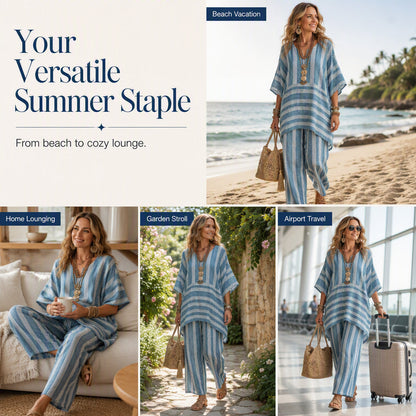 🌸Conjunto casual feminino de duas peças com listras e decote em V – Corte oversized descontraído e estilo despojado 🌿