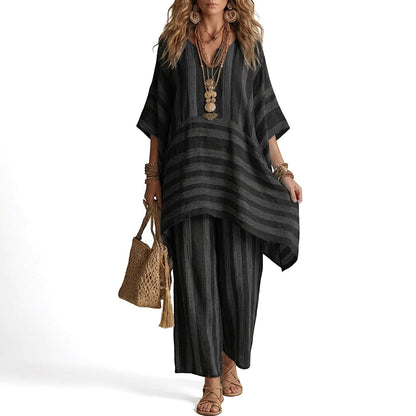 🌸Conjunto casual feminino de duas peças com listras e decote em V – Corte oversized descontraído e estilo despojado 🌿