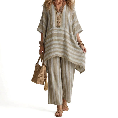 🌸Conjunto casual feminino de duas peças com listras e decote em V – Corte oversized descontraído e estilo despojado 🌿
