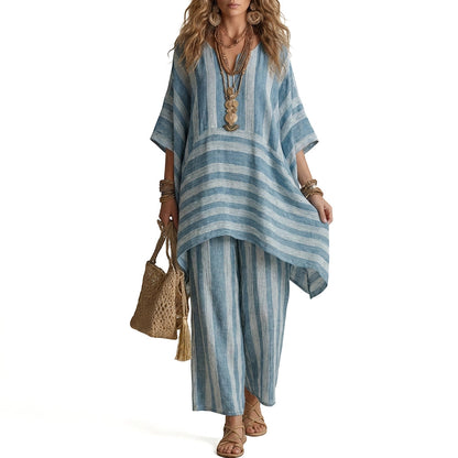 🌸Conjunto casual feminino de duas peças com listras e decote em V – Corte oversized descontraído e estilo despojado 🌿