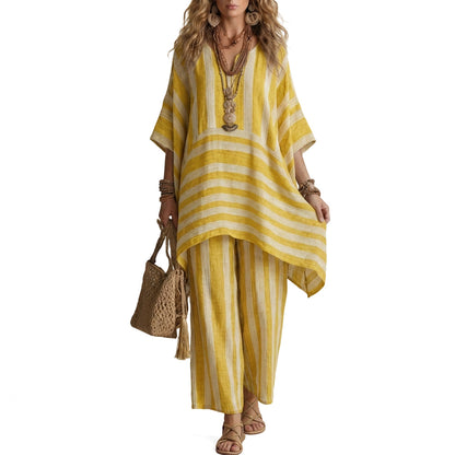 🌸Conjunto casual feminino de duas peças com listras e decote em V – Corte oversized descontraído e estilo despojado 🌿