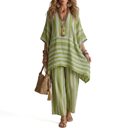 🌸Conjunto casual feminino de duas peças com listras e decote em V – Corte oversized descontraído e estilo despojado 🌿