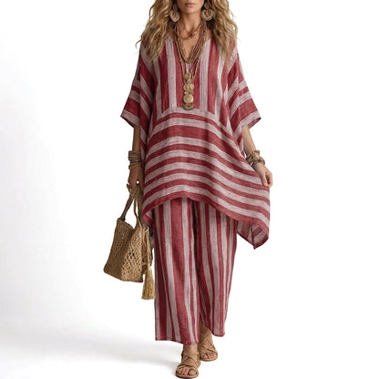 🌸Conjunto casual feminino de duas peças com listras e decote em V – Corte oversized descontraído e estilo despojado 🌿