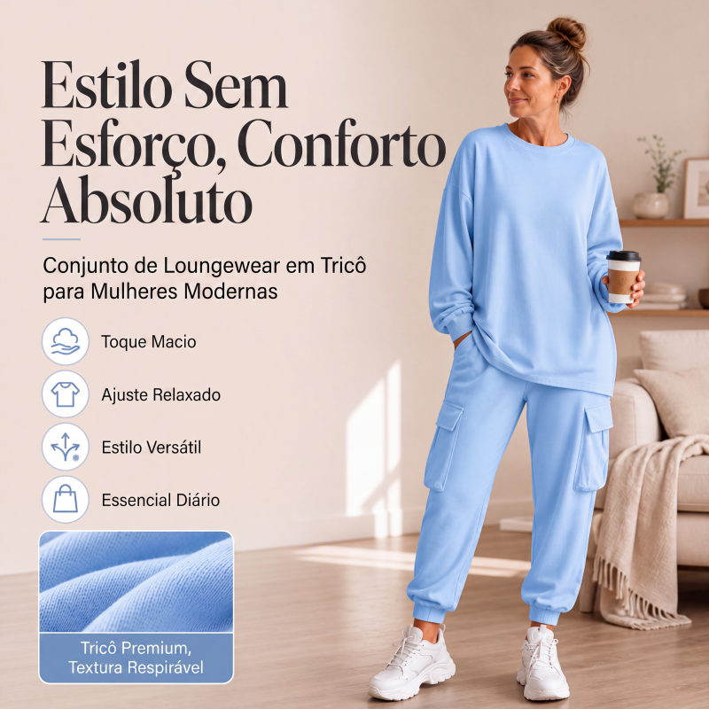 Conjunto de blusa gola careta casual e calça cargo para mulheres