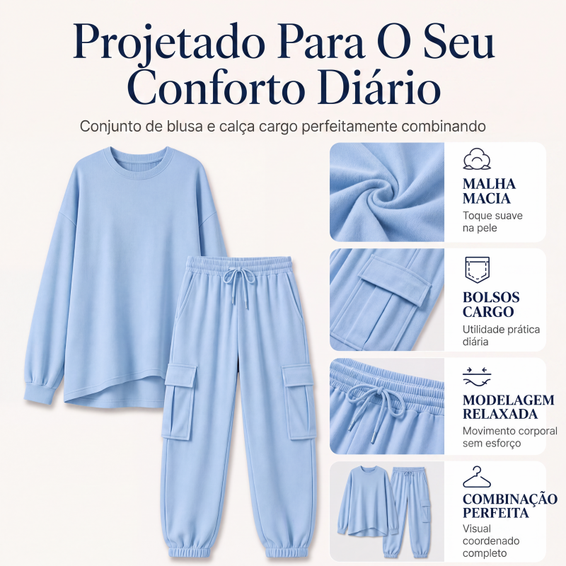Conjunto de blusa gola careta casual e calça cargo para mulheres