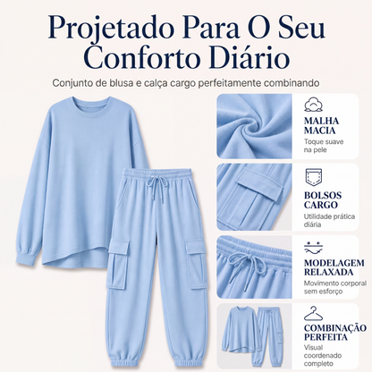 Conjunto de blusa gola careta casual e calça cargo para mulheres