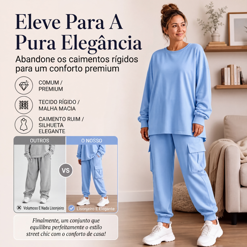 Conjunto de blusa gola careta casual e calça cargo para mulheres