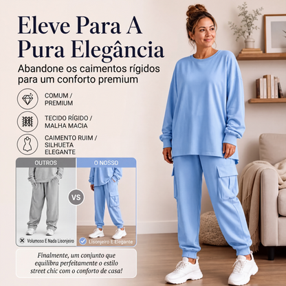 Conjunto de blusa gola careta casual e calça cargo para mulheres