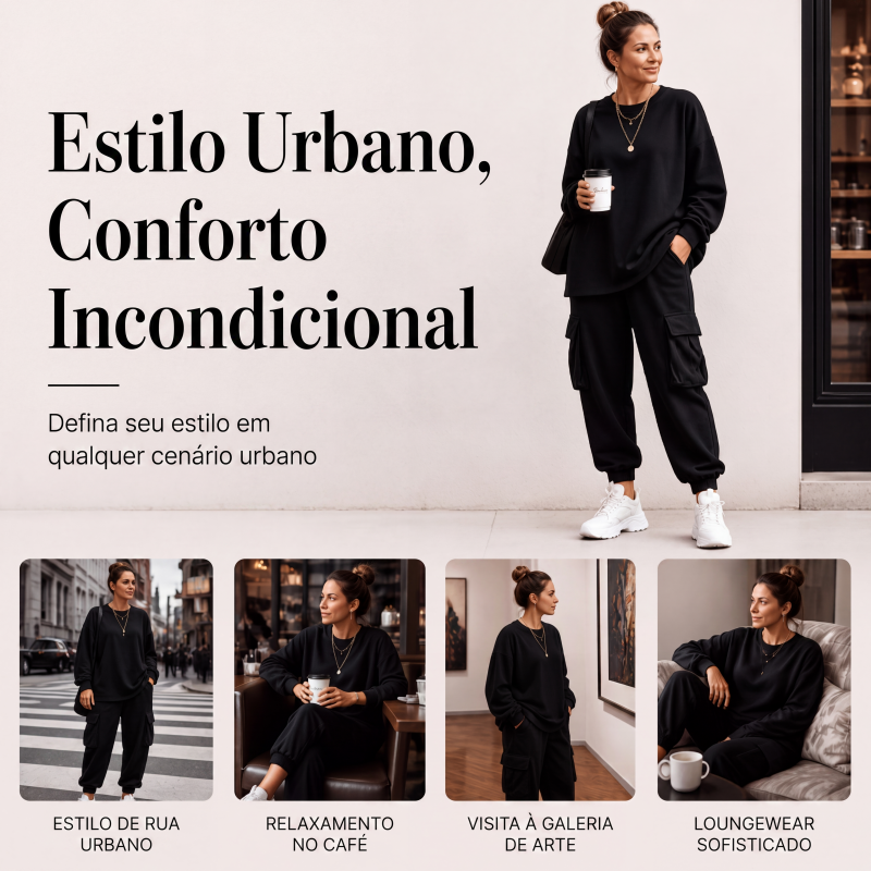 Conjunto de blusa gola careta casual e calça cargo para mulheres