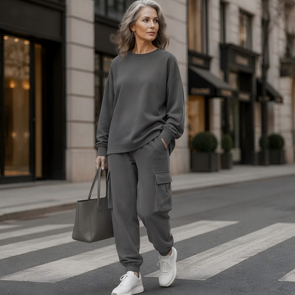 Conjunto de blusa gola careta casual e calça cargo para mulheres