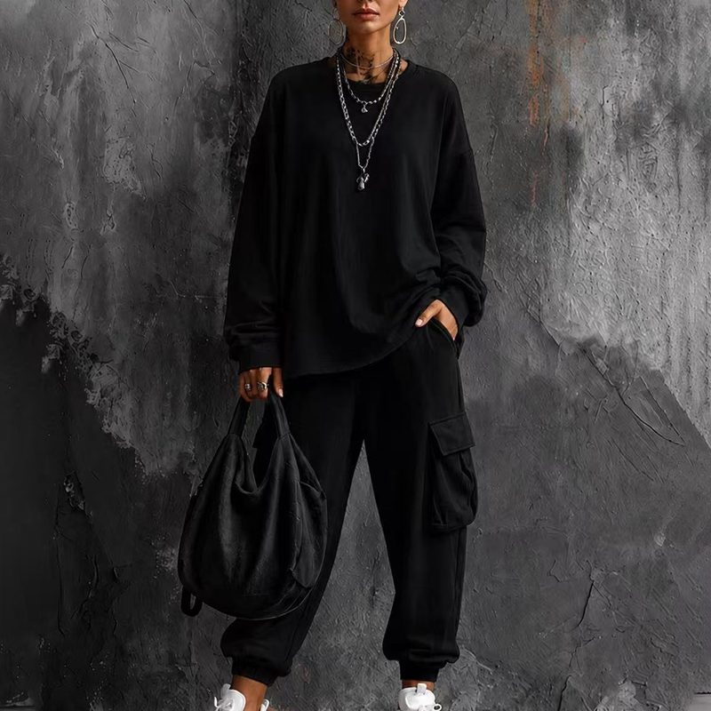 Conjunto de blusa gola careta casual e calça cargo para mulheres