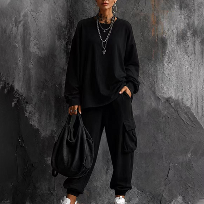 Conjunto de blusa gola careta casual e calça cargo para mulheres
