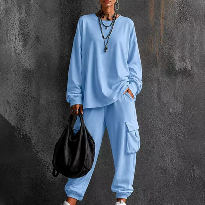 Conjunto de blusa gola careta casual e calça cargo para mulheres