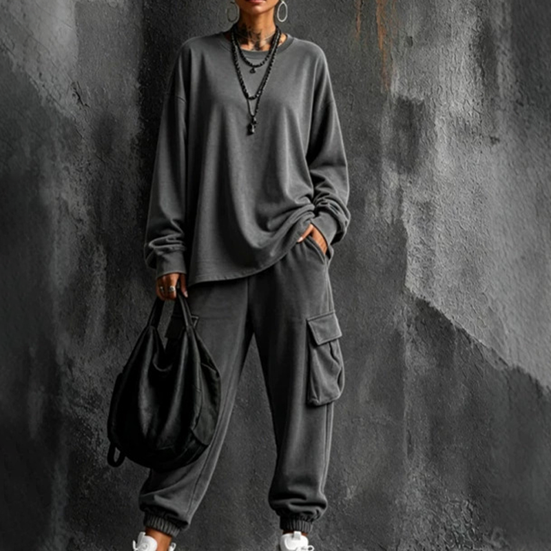 Conjunto de blusa gola careta casual e calça cargo para mulheres